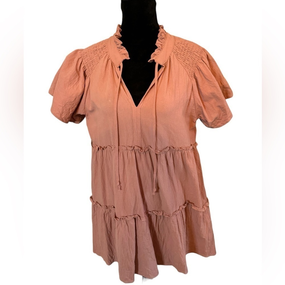 Dusty pink gauze feel 3 tier dress with butterfly sleeve sz L